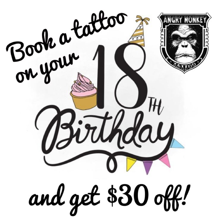 ANgry Monkey Tattoo 18th Birthday Discount