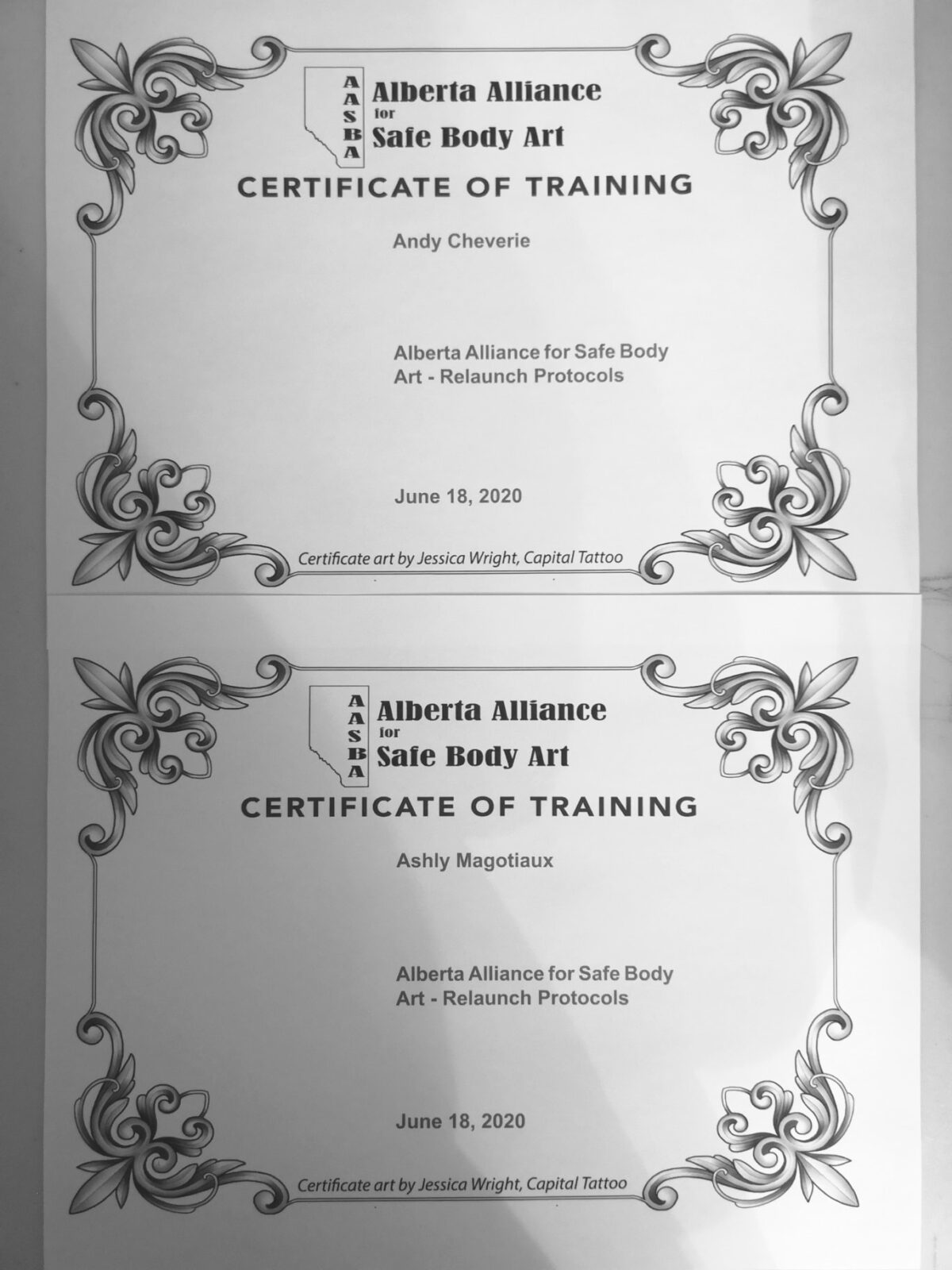 Alberta Alliance for Safe Body Art Certificate of training for both artists at Angry Monkey.