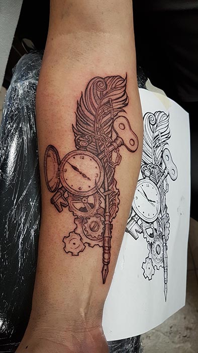 Steampunk Quill/Clock Tattoo by Andy Christ