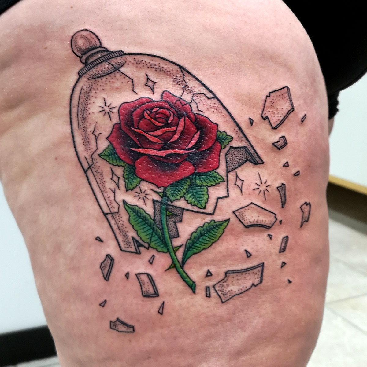beauty and the beast rose in glass tattoo